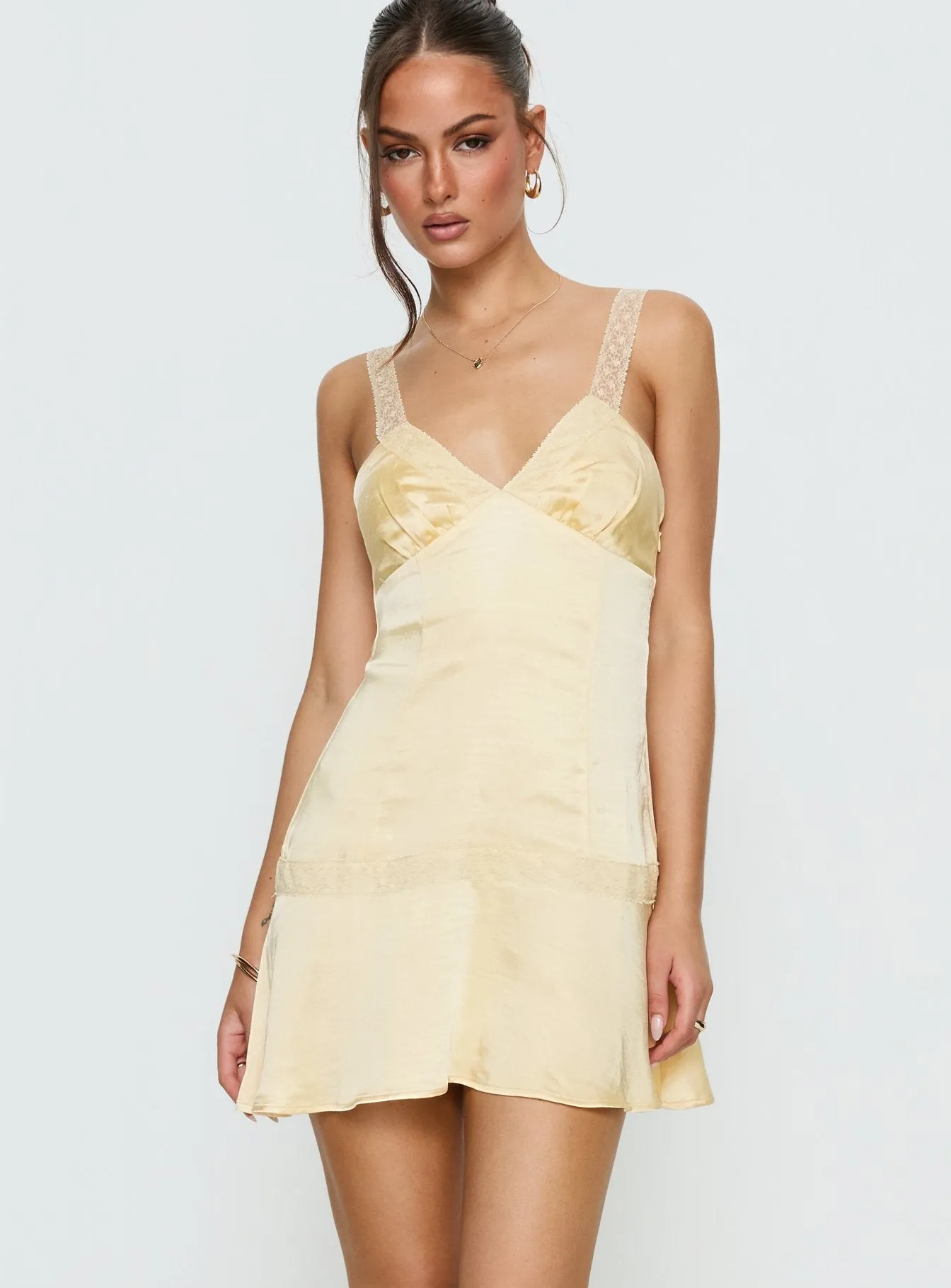 Sybelle Lace Drop Waist Mini Dress Yellow sold by Princess Polly