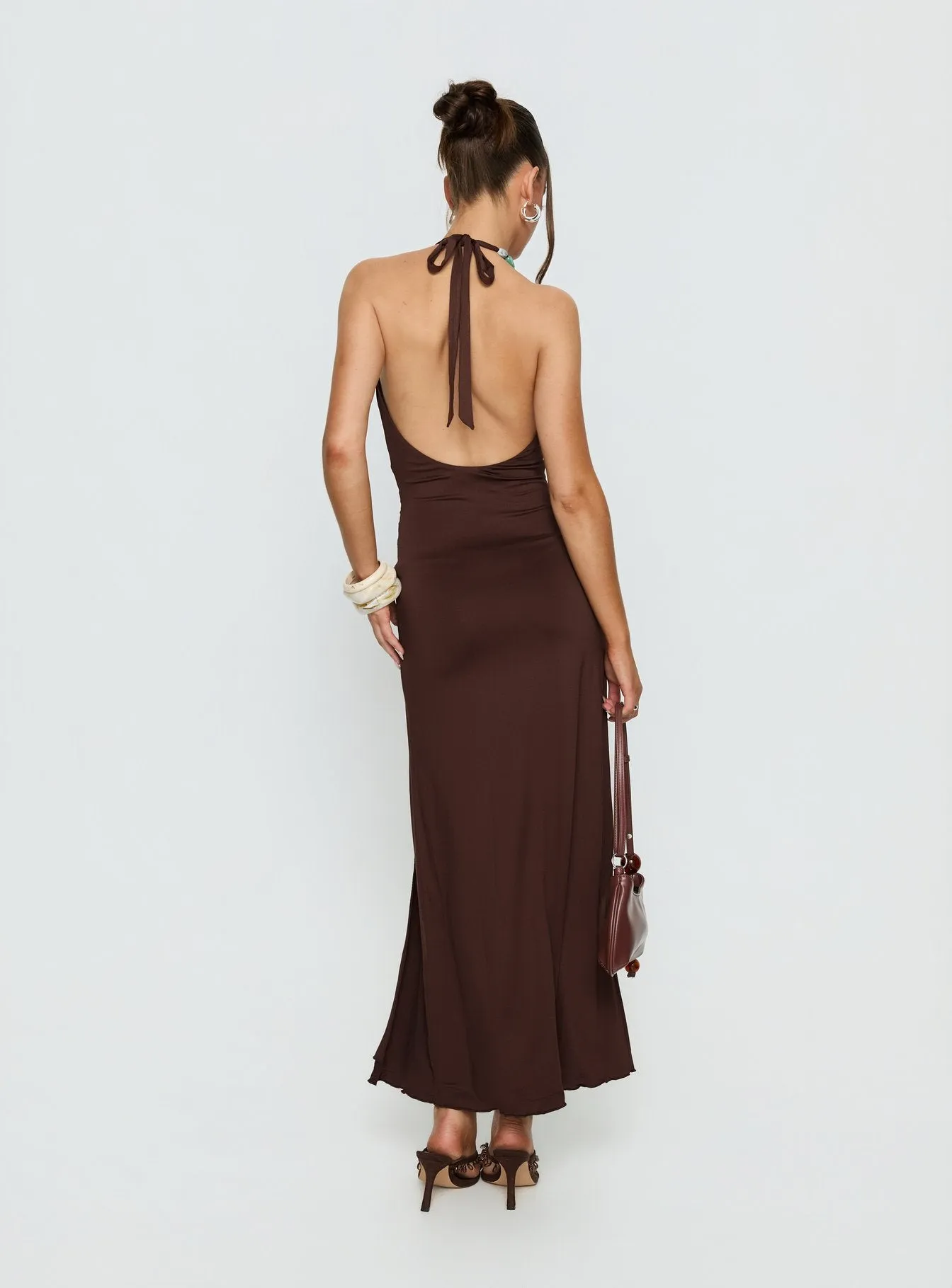 Sasami Halter Plunge Maxi Dress Chocolatae sold by Princess Polly product image thumbnail 5