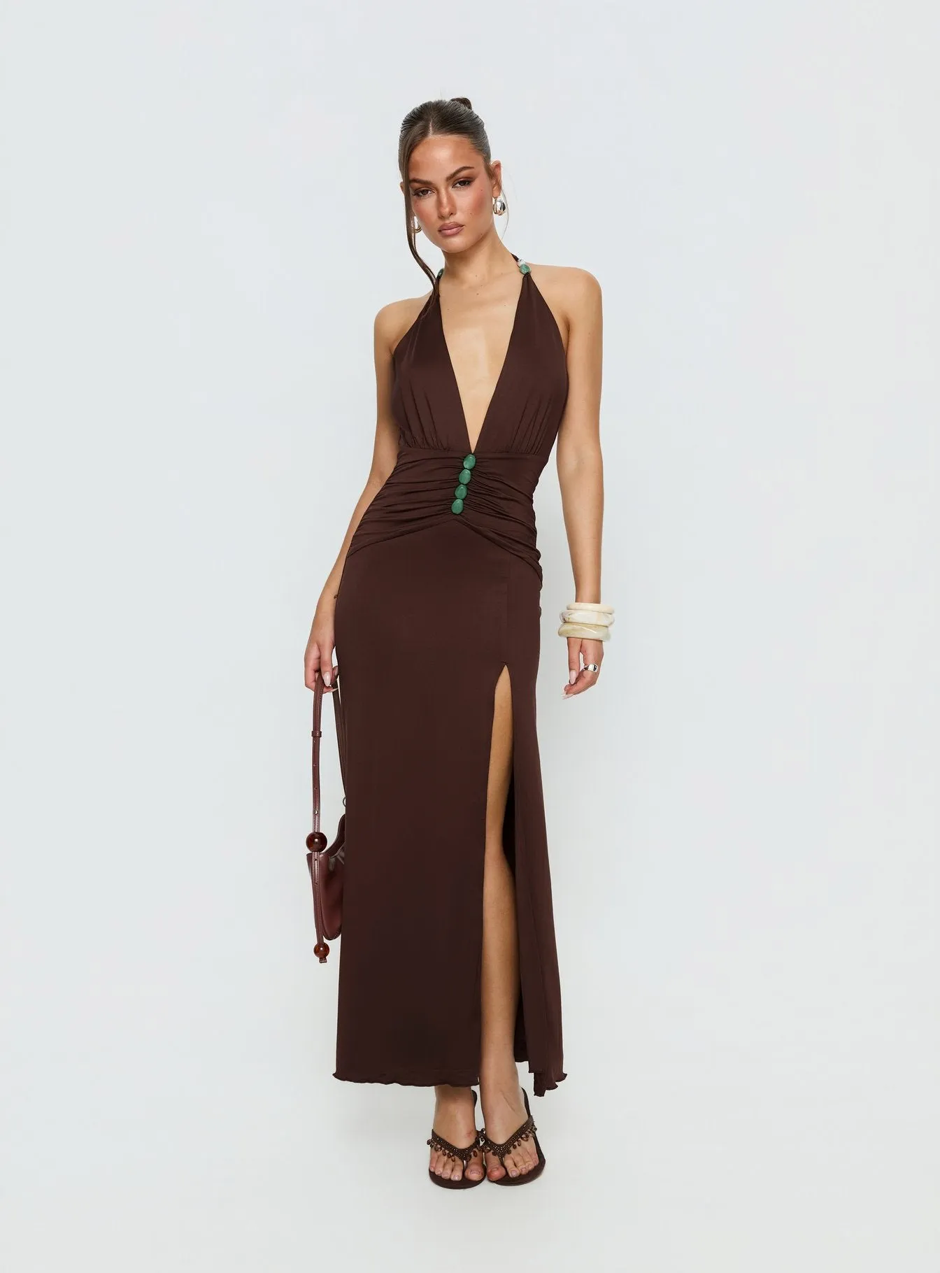 Sasami Halter Plunge Maxi Dress Chocolatae sold by Princess Polly product image thumbnail 2