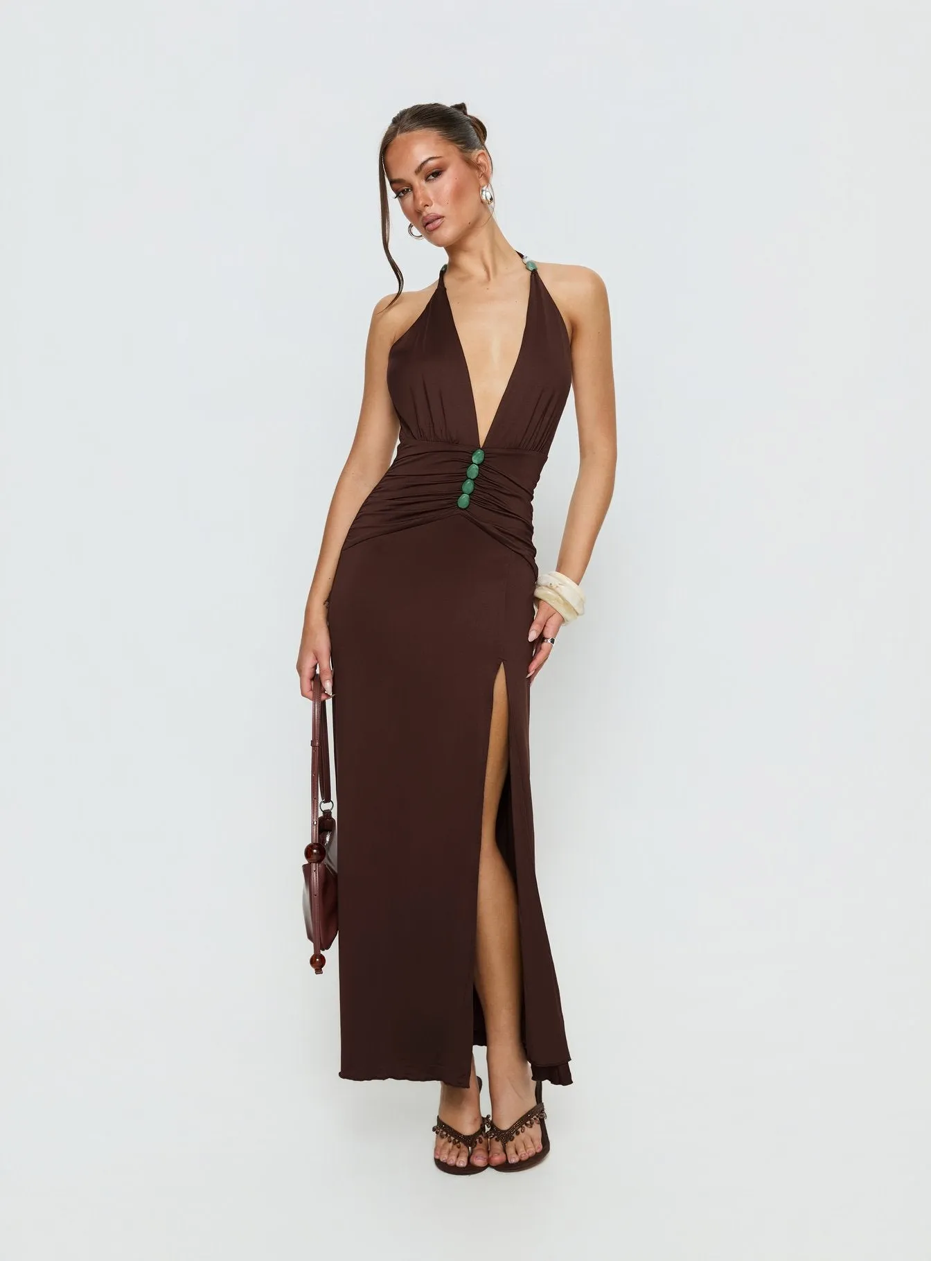 Sasami Halter Plunge Maxi Dress Chocolatae sold by Princess Polly product image thumbnail 3