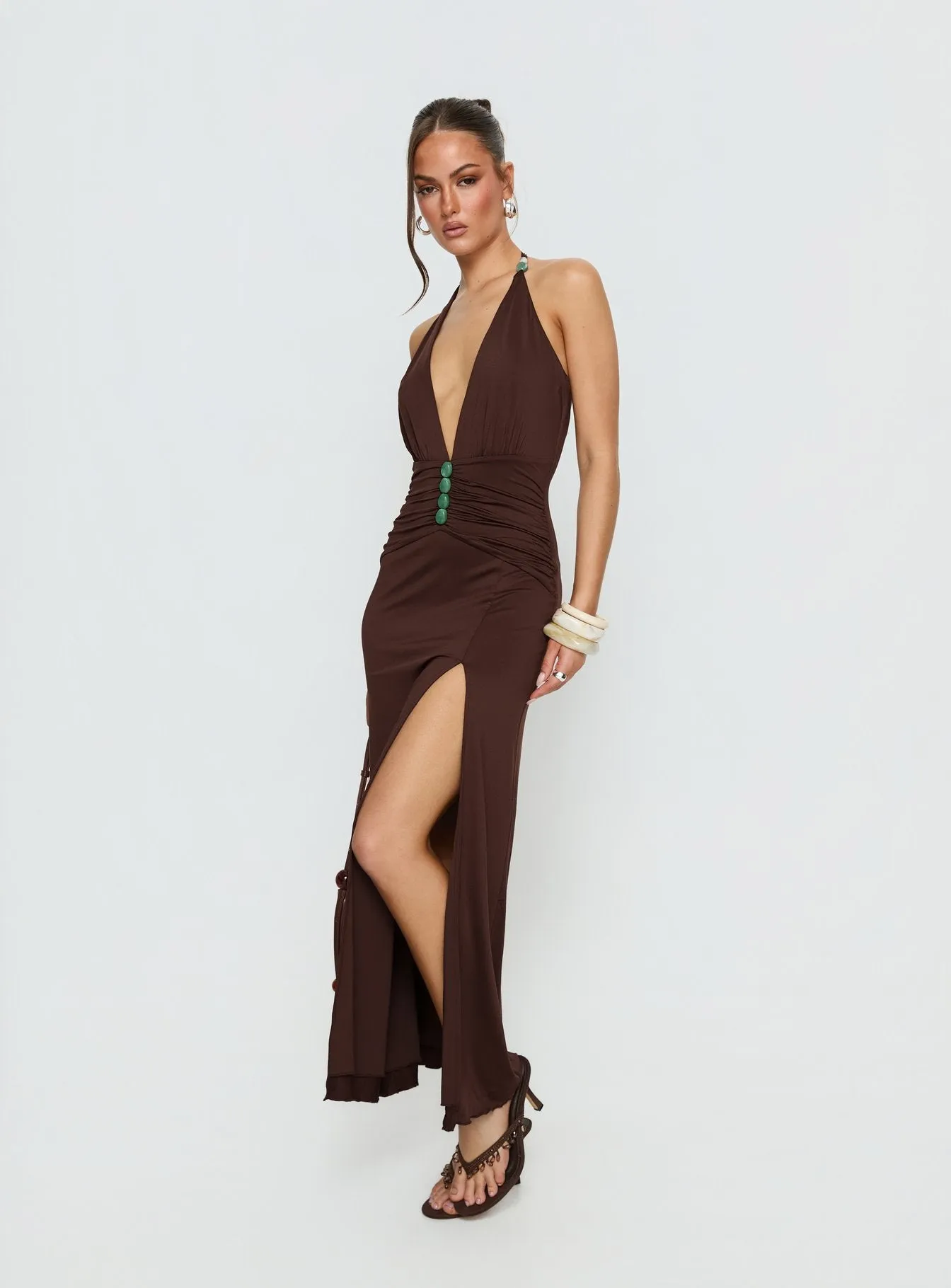 Sasami Halter Plunge Maxi Dress Chocolatae sold by Princess Polly product image thumbnail 4