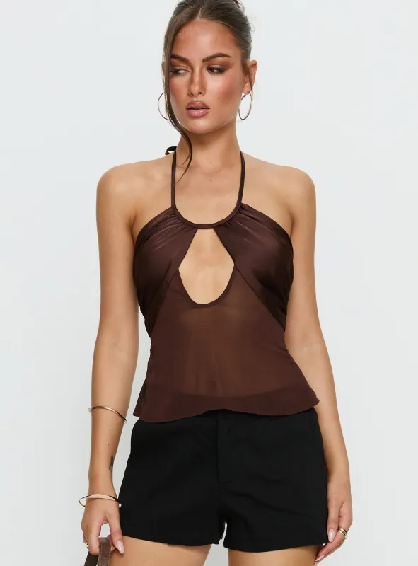 Whisperer Halter Chiffon Top Brown sold by Princess Polly