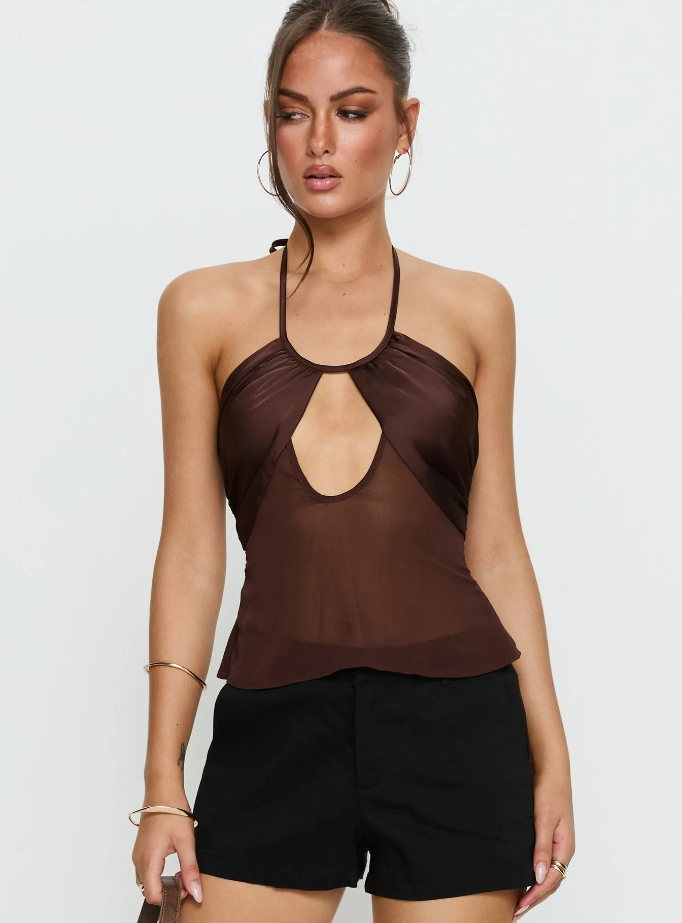 Whisperer Halter Chiffon Top Brown sold by Princess Polly