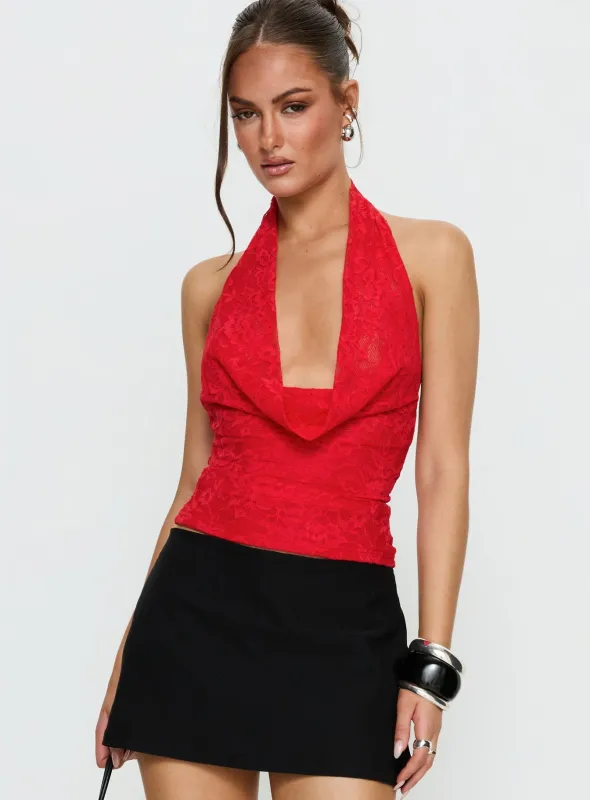 Kamira Plunge Neck Halter Top Red sold by Princess Polly
