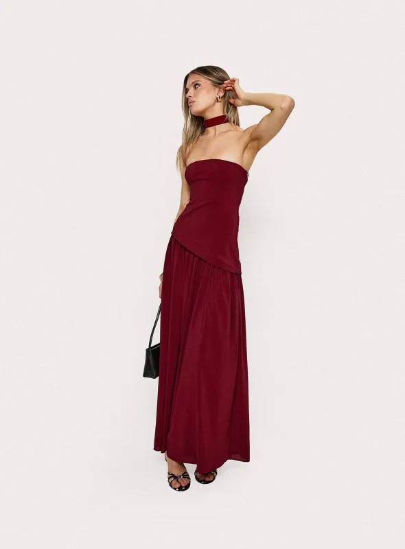 Odela Strapless Drop Waist Maxi Dress Cherry sold by Princess Polly