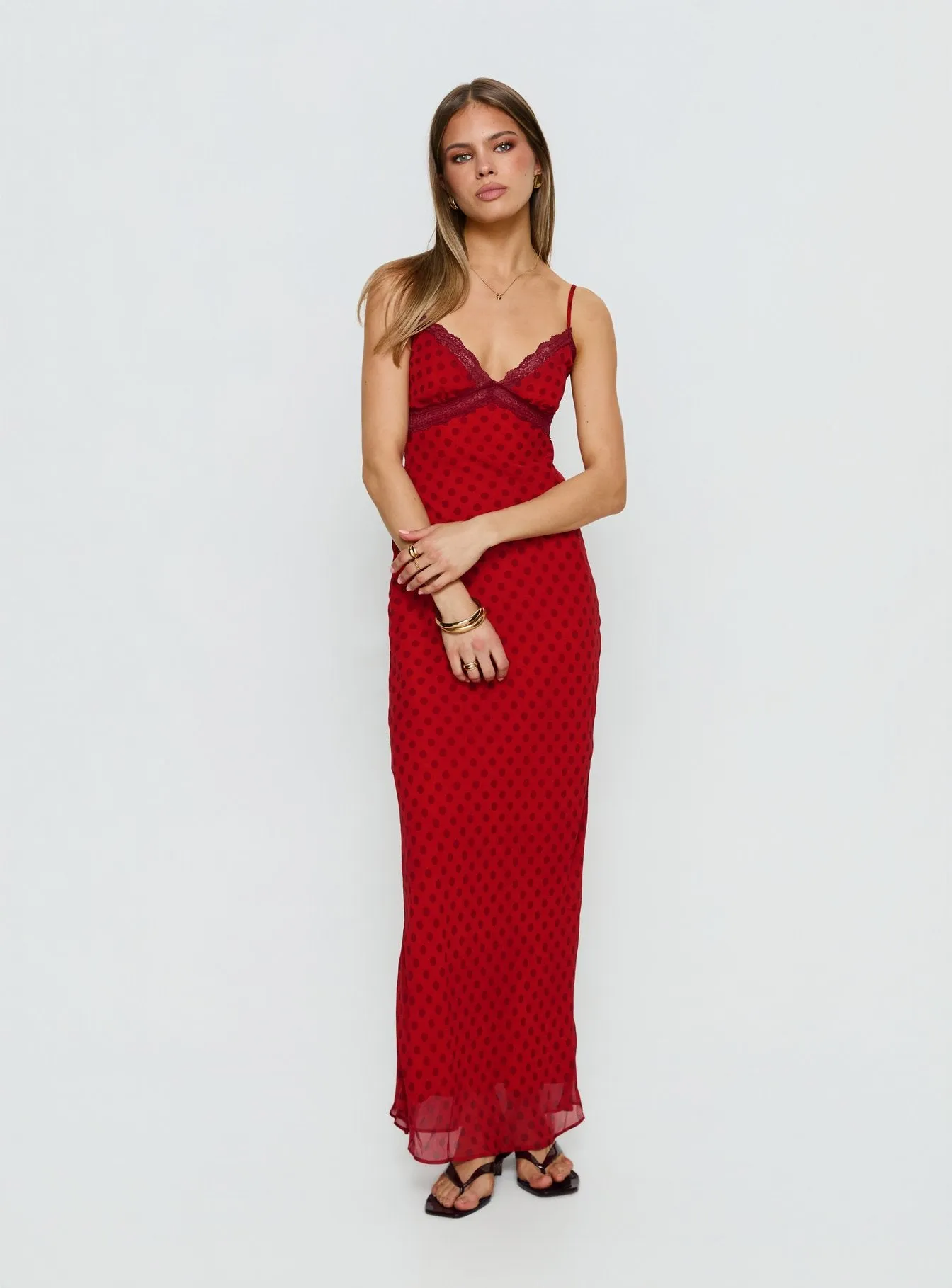 Adasia Lace V Neck Maxi Dress Red Polka Dot sold by Princess Polly product image thumbnail 3