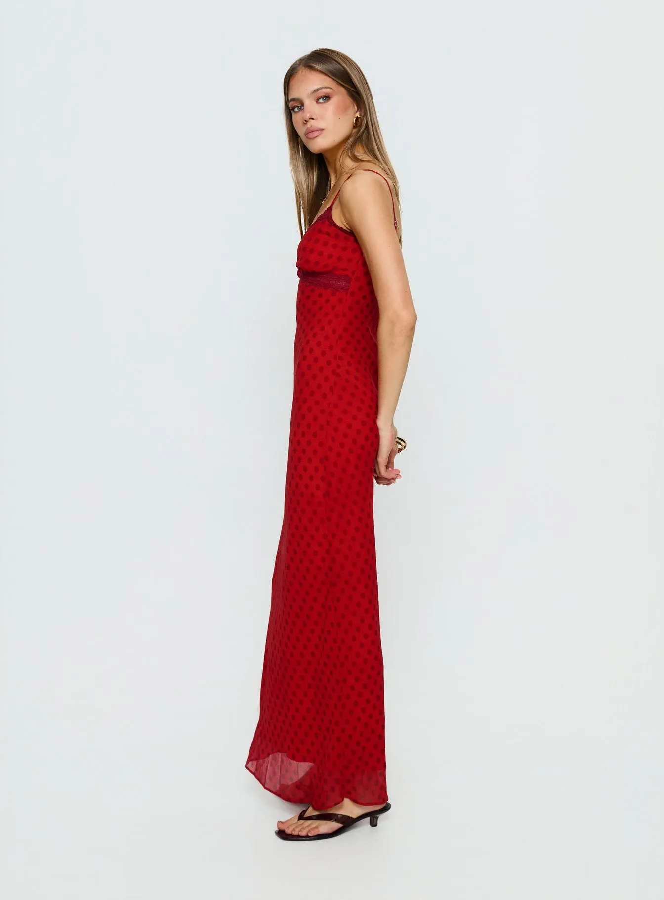 Adasia Lace V Neck Maxi Dress Red Polka Dot sold by Princess Polly product image thumbnail 4