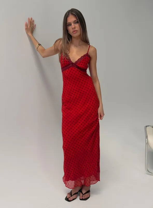 Adasia Lace V Neck Maxi Dress Red Polka Dot sold by Princess Polly