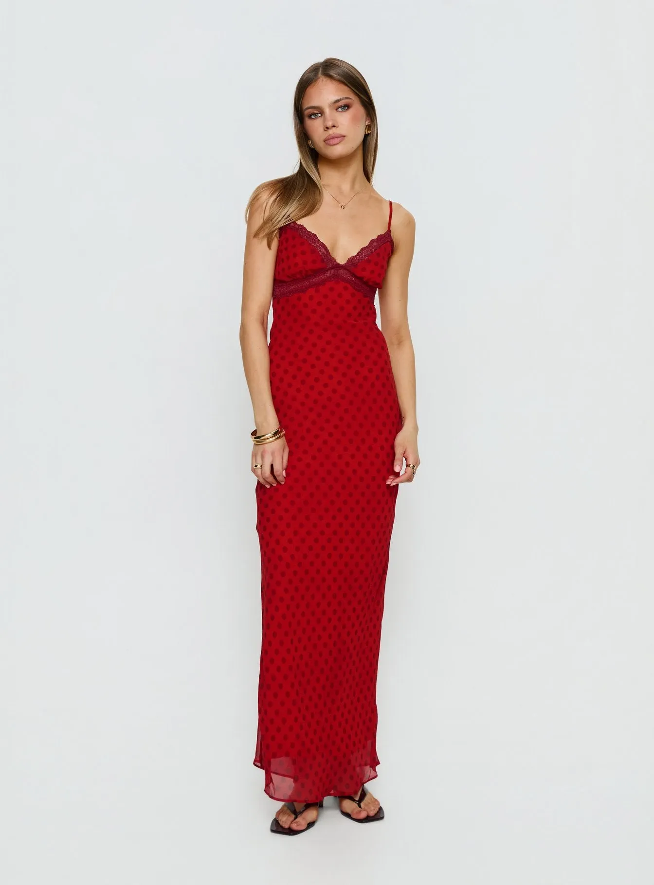 Adasia Lace V Neck Maxi Dress Red Polka Dot sold by Princess Polly product image thumbnail 2