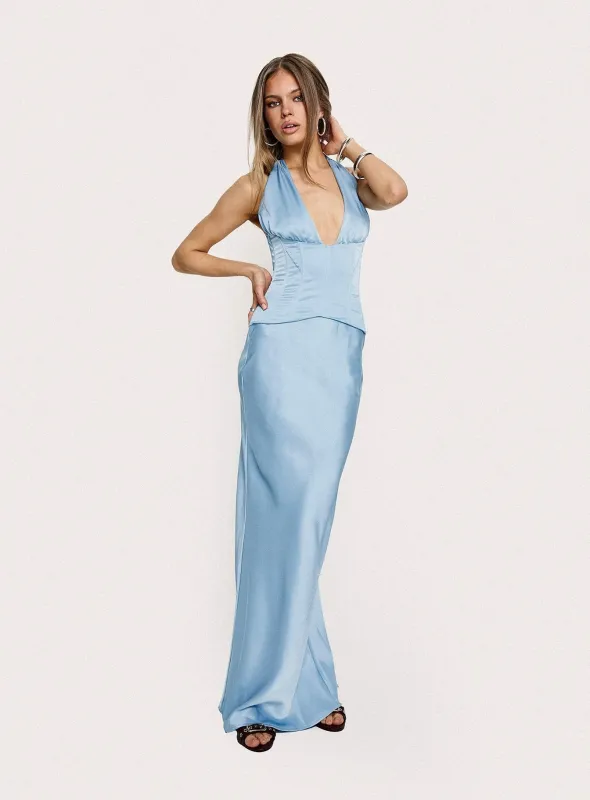 In A Trance Halter Corset Maxi Dress Blue sold by Princess Polly