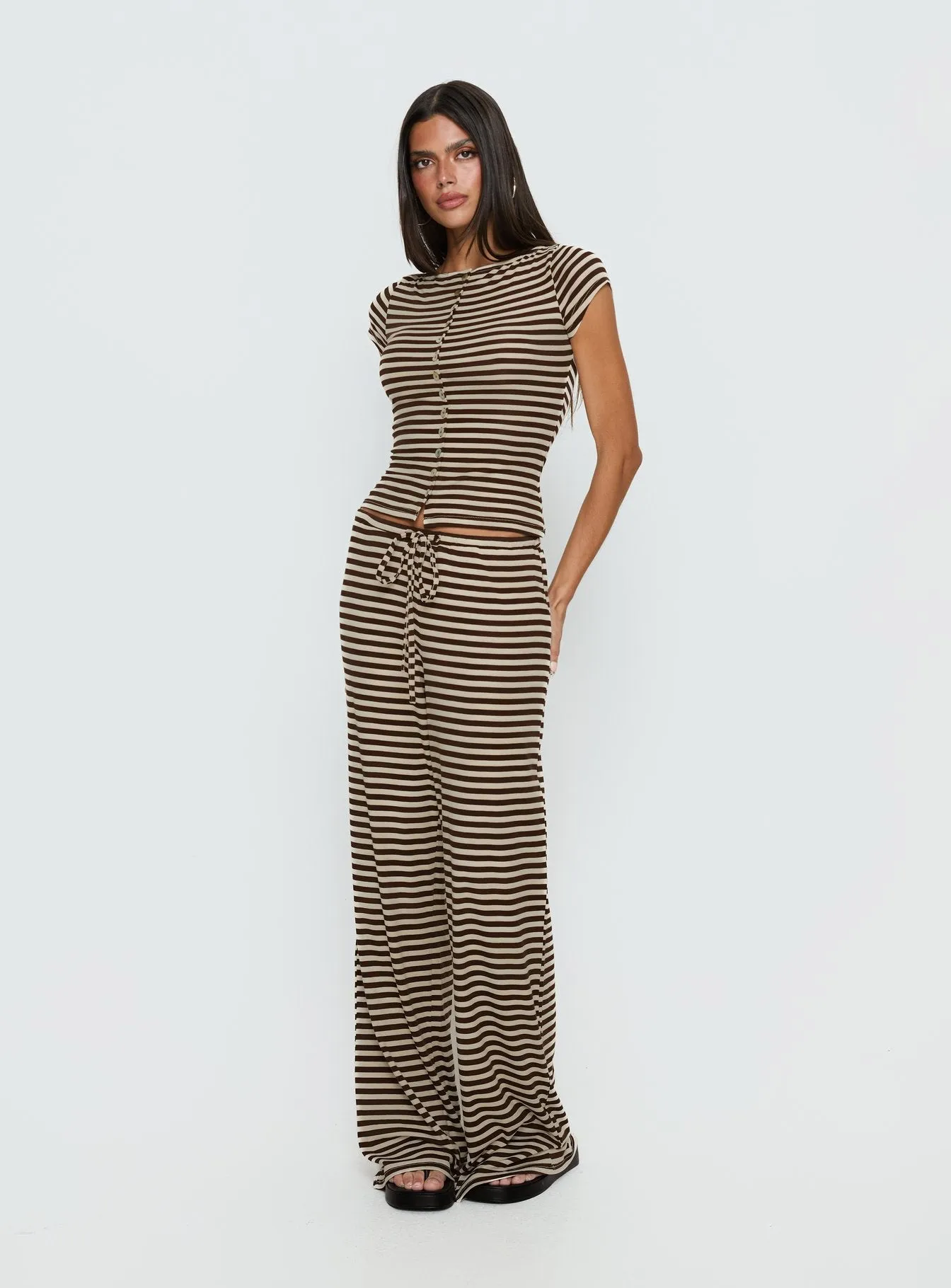 Gavrielle Jersey Wide Leg Pants Chocolate / Cream Stripe sold by Princess Polly product image thumbnail 3
