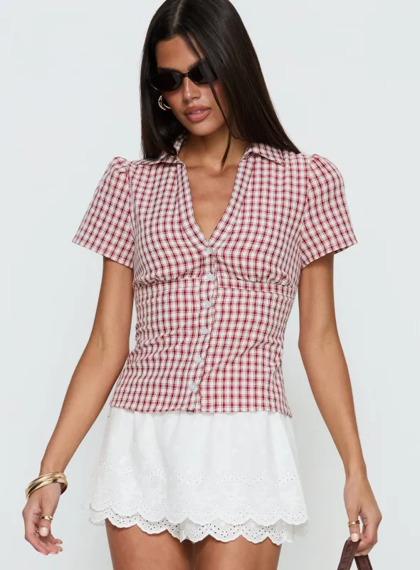 What A Show Button Up Top Red Check sold by Princess Polly