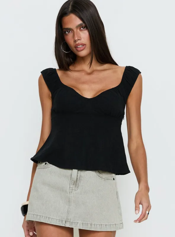 With Pleasure Puff Sleeve Linen Blouse Top Black sold by Princess Polly
