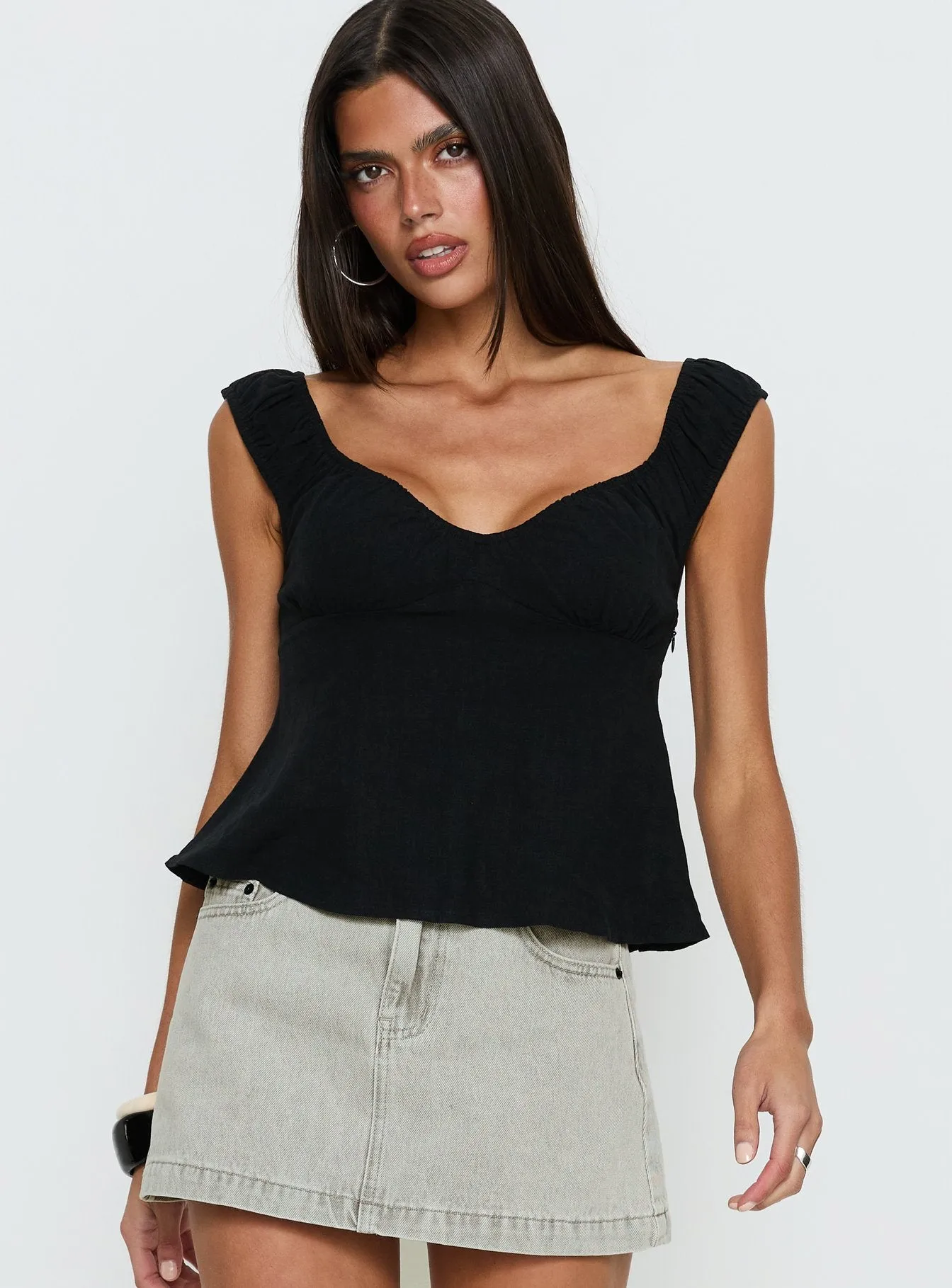With Pleasure Puff Sleeve Linen Blouse Top Black sold by Princess Polly