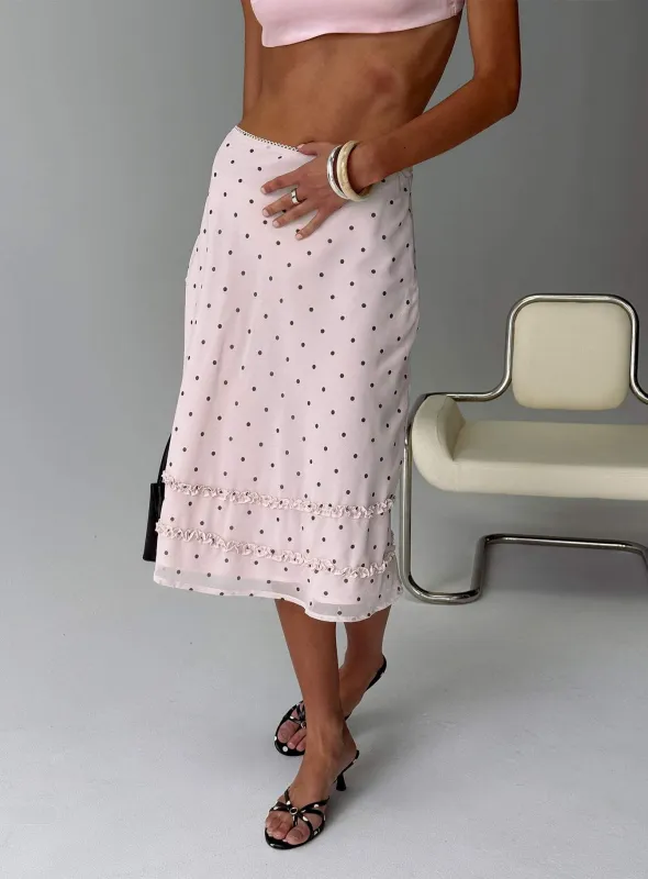 Clarabella Frill Midi Skirt Pink Polka Dot sold by Princess Polly