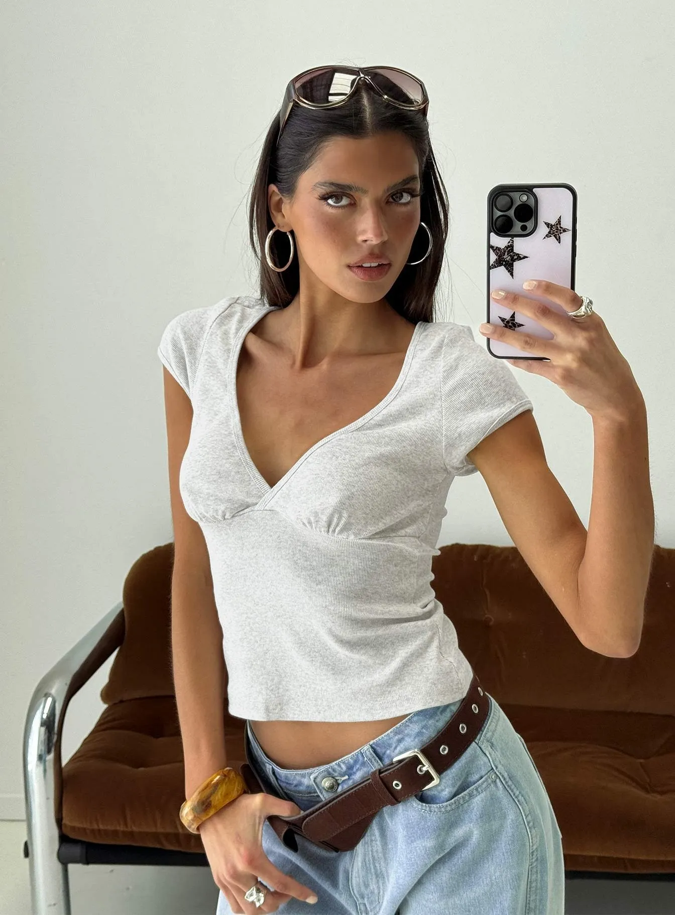 Baseline Cross Over Cap Sleeve Top Grey Marle sold by Princess Polly