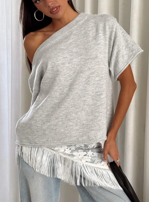Kourta Off Shoulder Oversized Knit Top Grey Marle sold by Princess Polly