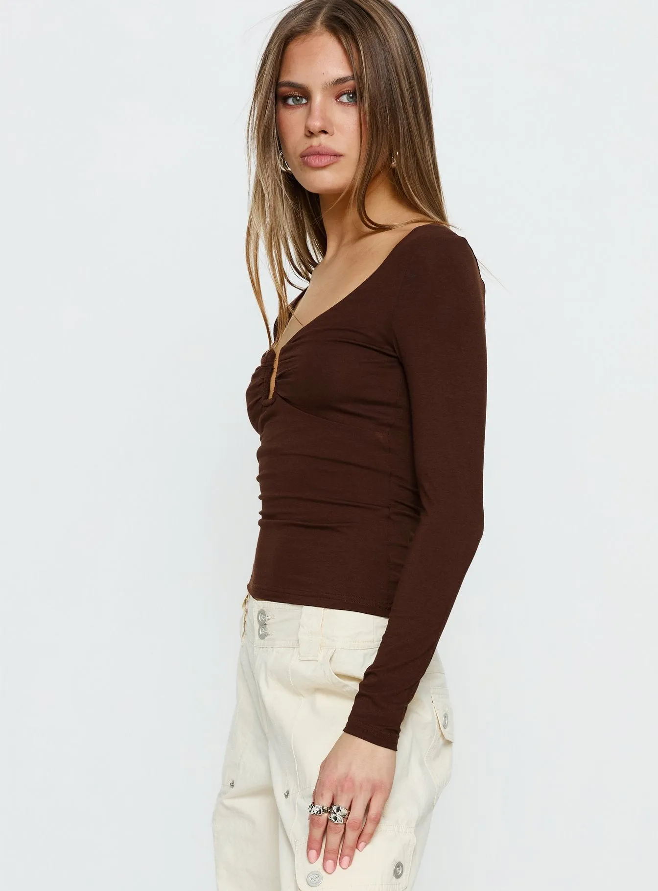 Serelle Long Sleeve Bust Detail Top Chocolate sold by Princess Polly product image thumbnail 3