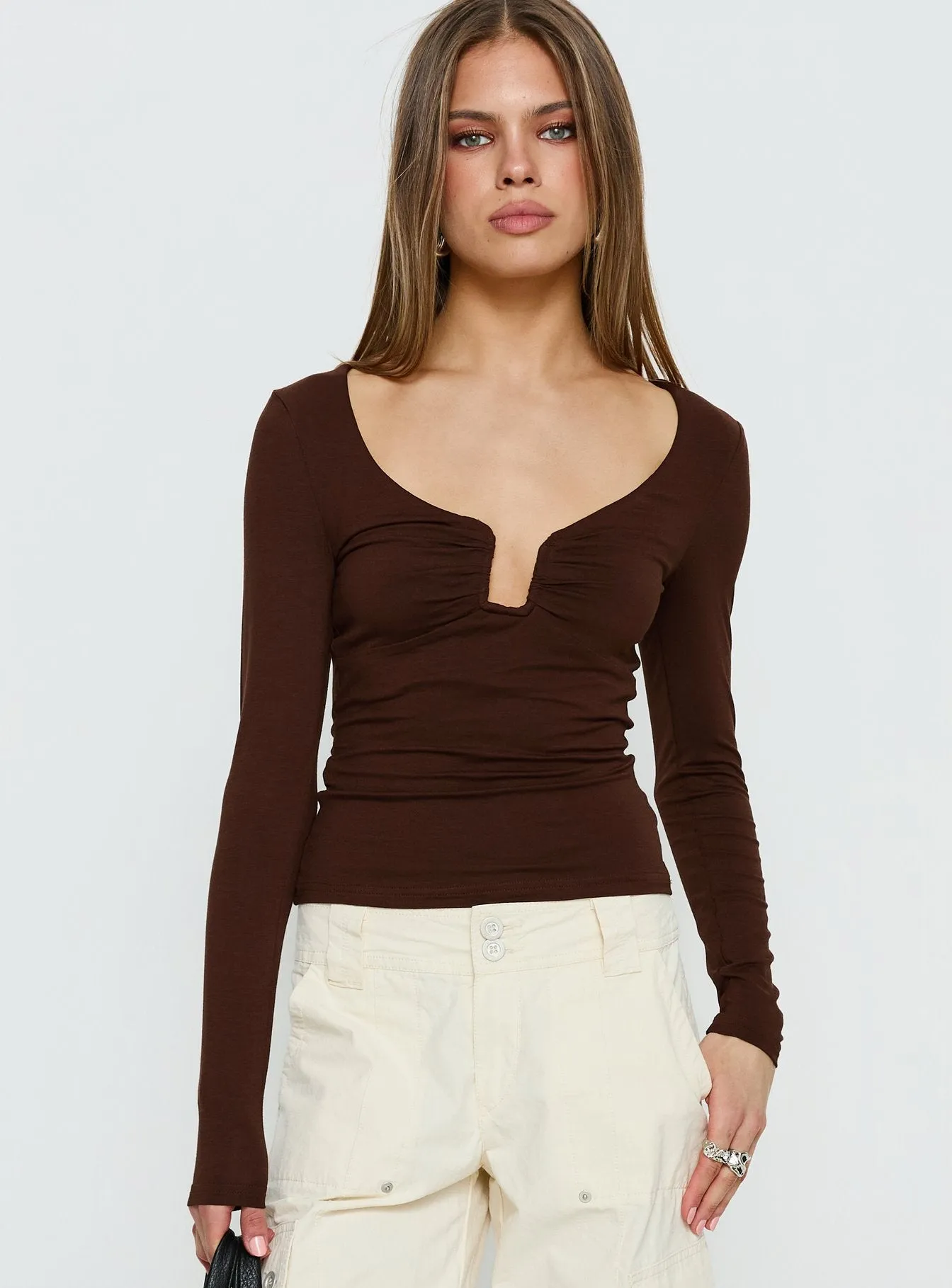 Serelle Long Sleeve Bust Detail Top Chocolate sold by Princess Polly