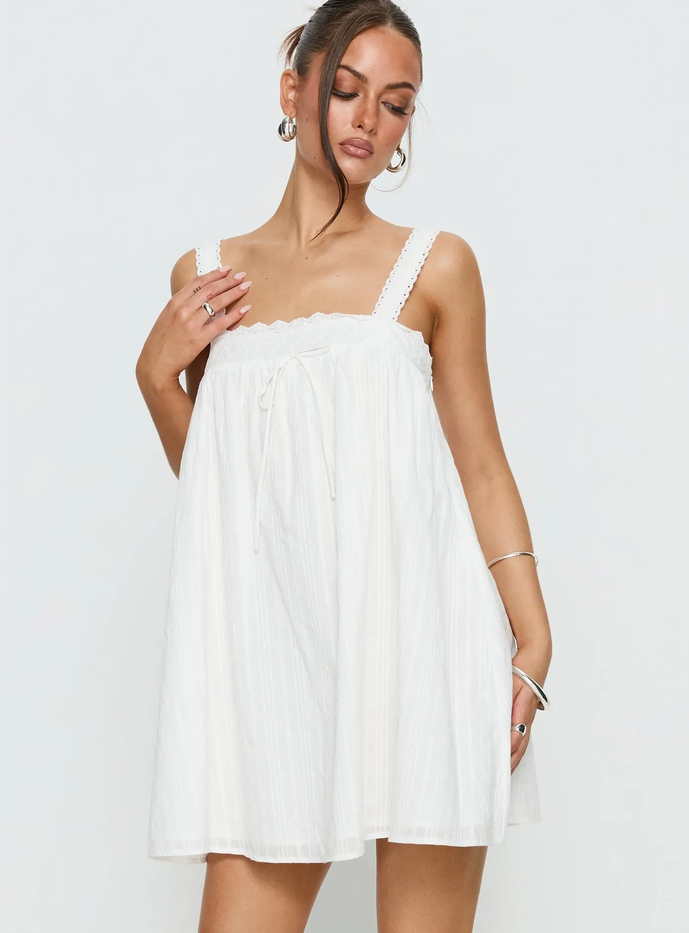 Reason To Stay Lace Trim Floaty Mini Dress White sold by Princess Polly product image thumbnail 2