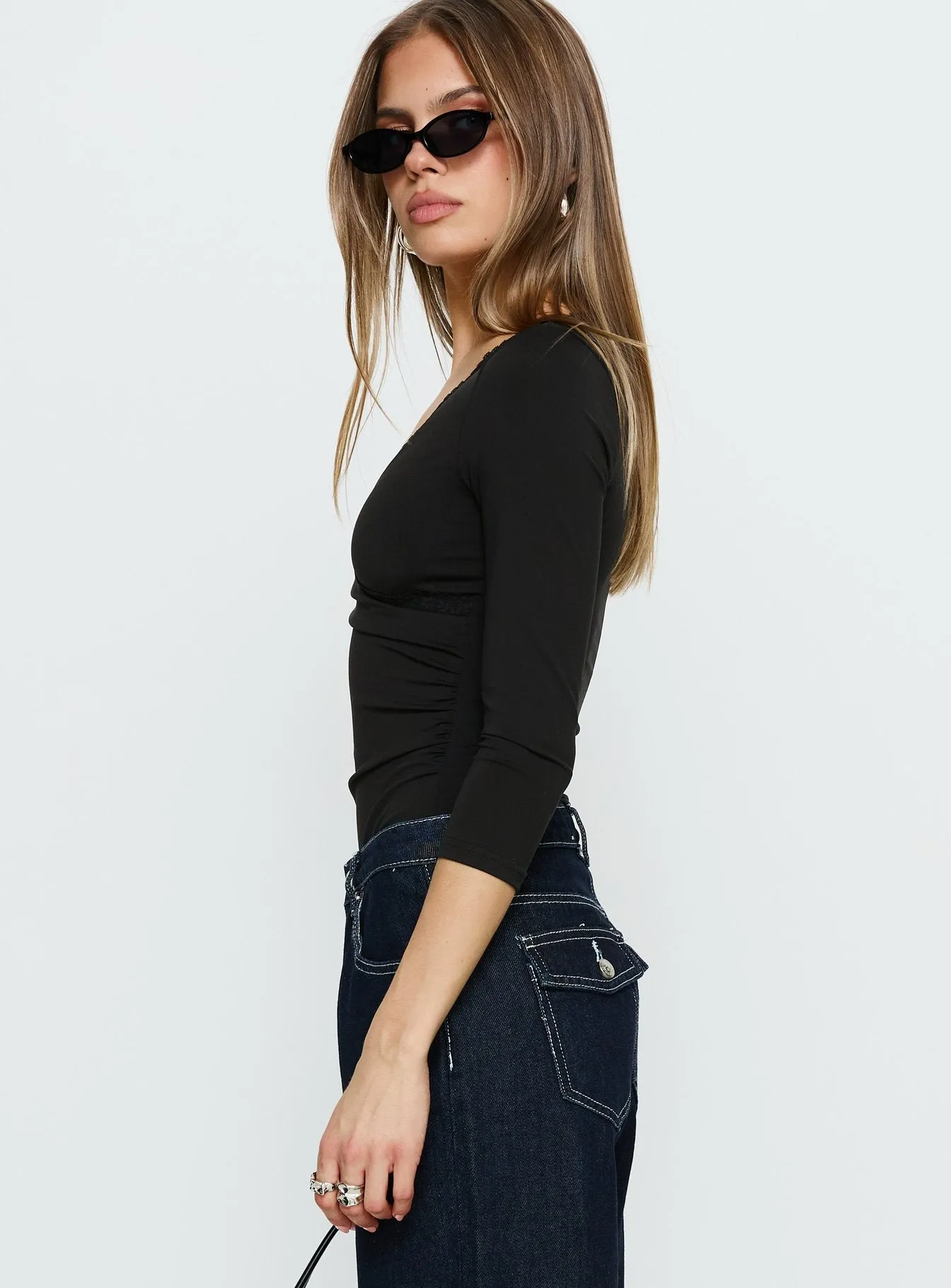 Lyselle Wrap Detail 3/4 Sleeve Bodysuit Black sold by Princess Polly product image thumbnail 3