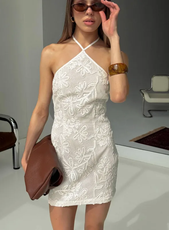 Ivo Floral Detail Halter Mini Dress White sold by Princess Polly