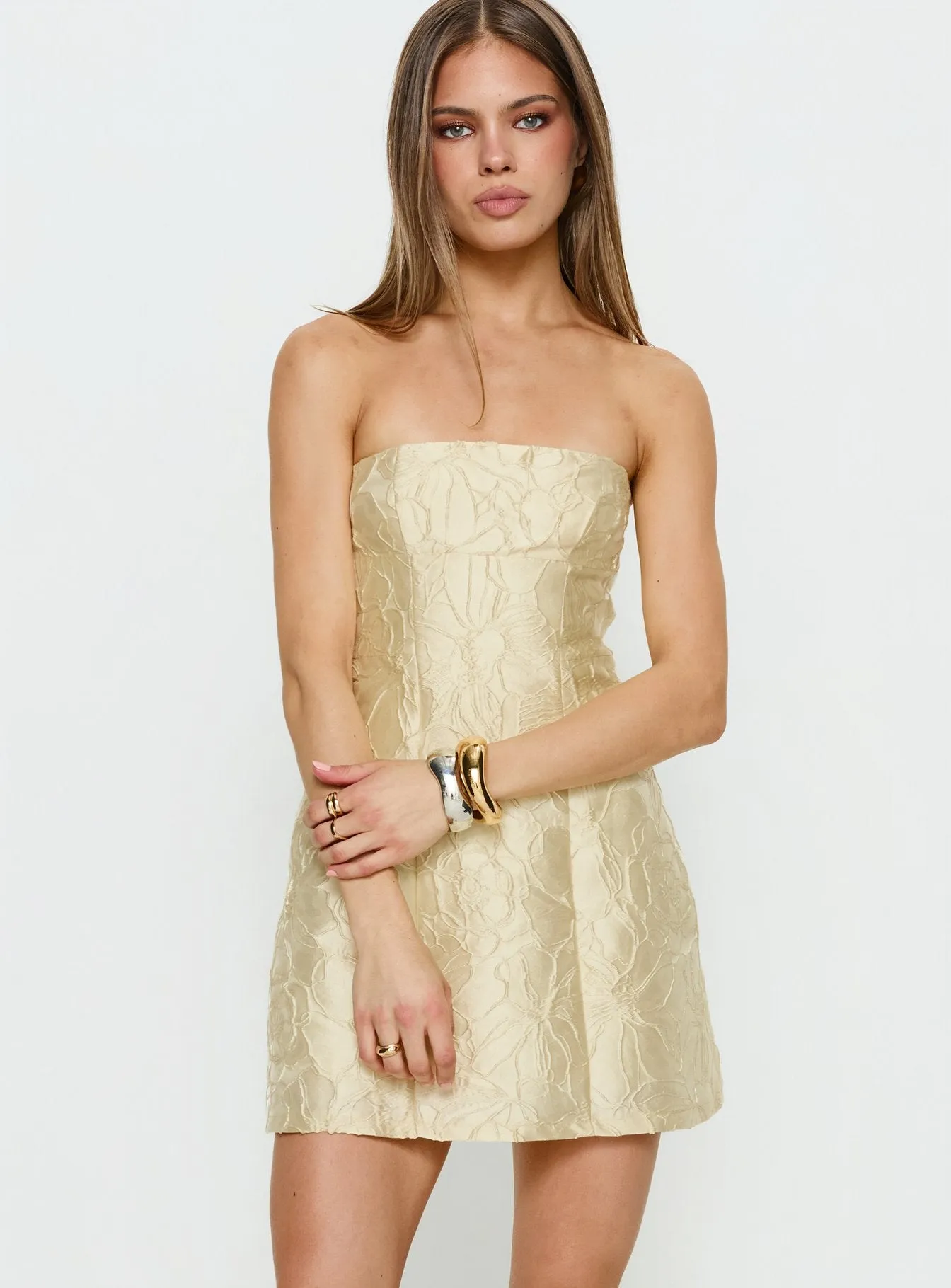 Cross Your Heart Strapless Mini Dress Lemon sold by Princess Polly