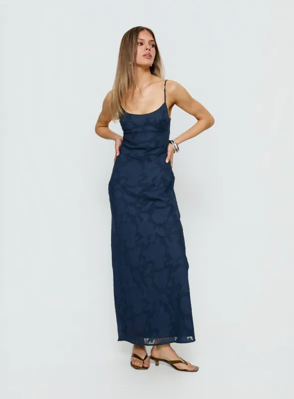 Ariadne Scoop Backless Maxi Dress Navy Burnout sold by Princess Polly