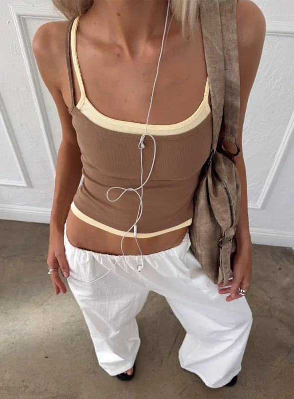 Maeka Layered Jersey Tank Top Brown / Cream sold by Princess Polly