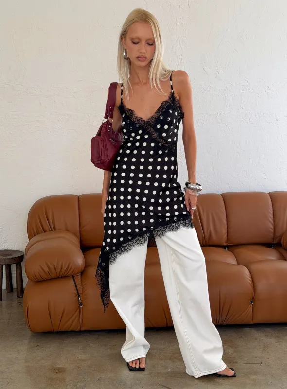 Afterdark Lace Asymmetrical Mini Dress Black Polka Dot made by Princess Polly