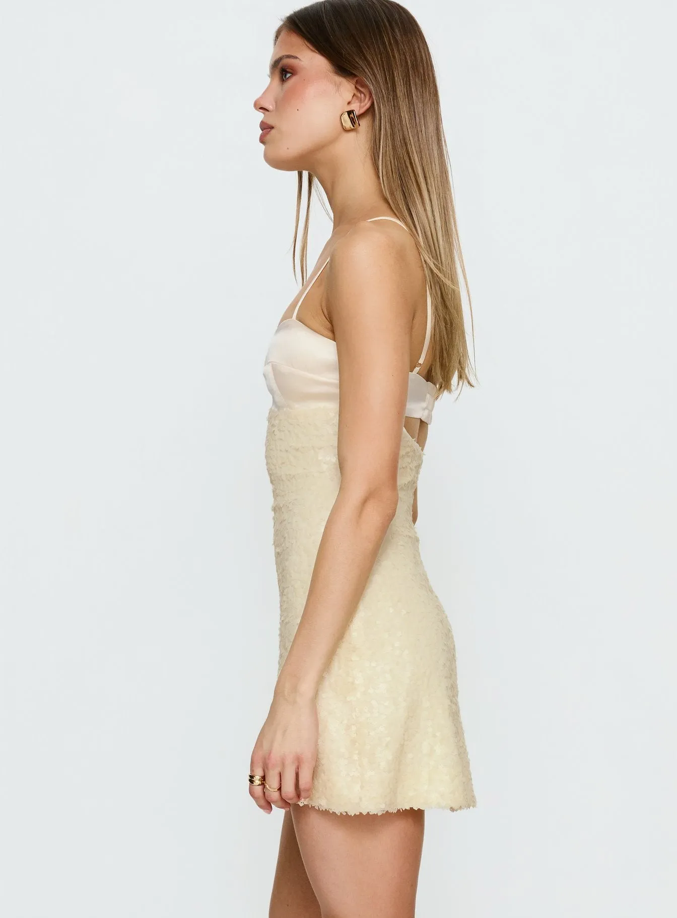 Alishia Satin Sequin Corset Mini Dress Butter sold by Princess Polly product image thumbnail 4