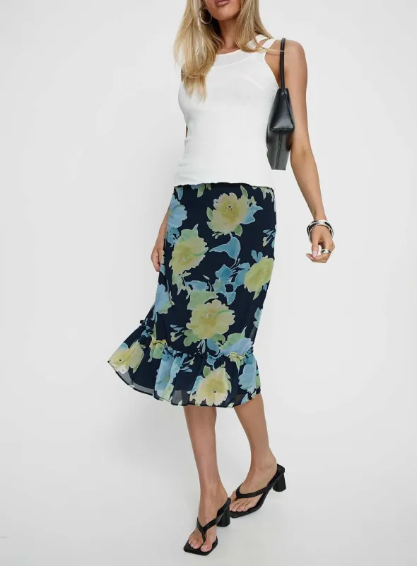 Tarla Midi Skirt Crystal Black Flower sold by Princess Polly