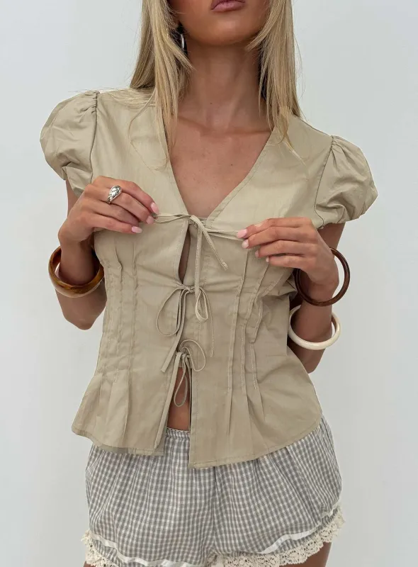 Elenna Tie Detail Blouse Top Beige sold by Princess Polly