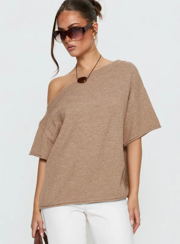 Kourta Off Shoulder Oversized Knit Top Mocha sold by Princess Polly