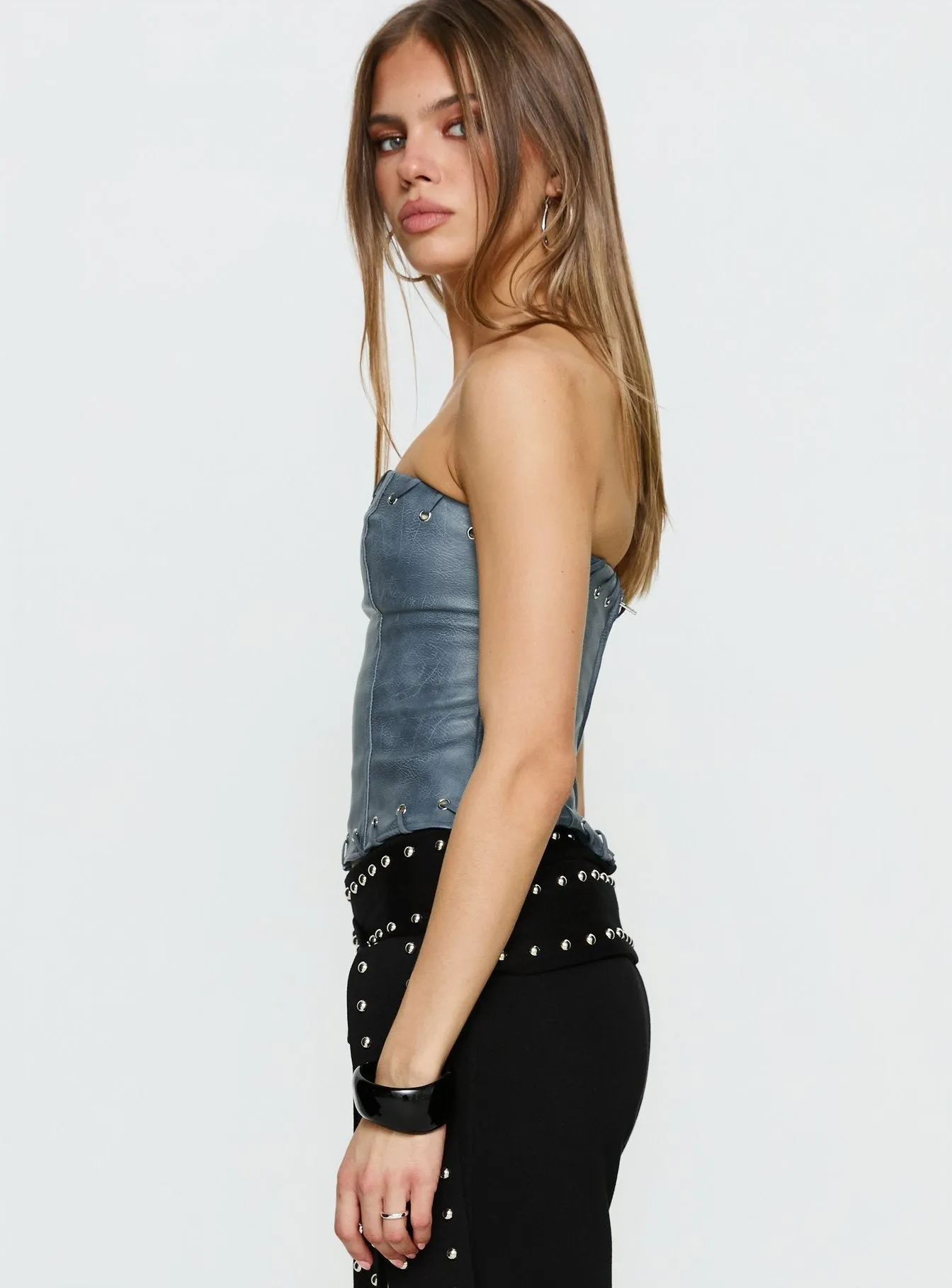 Pammie Faux Leather Strapless Top Blue sold by Princess Polly product image thumbnail 4