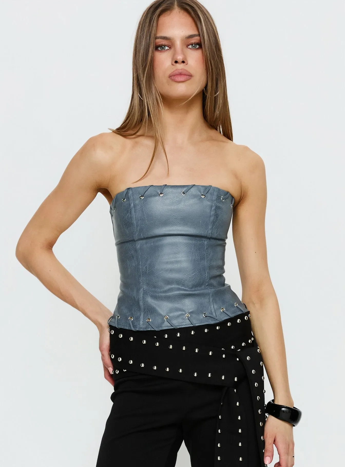 Pammie Faux Leather Strapless Top Blue sold by Princess Polly product image thumbnail 2