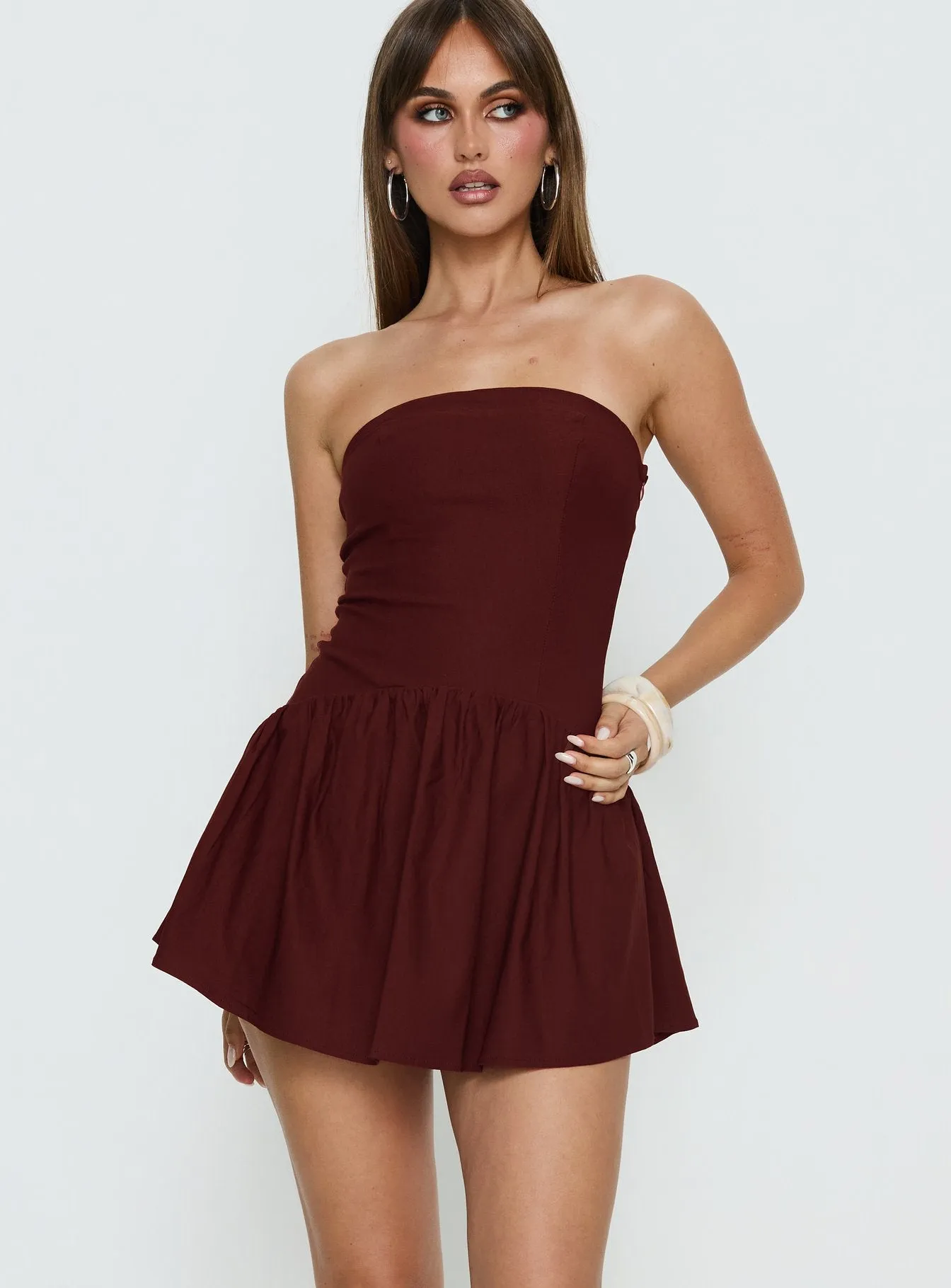 Evrae Strapless Playsuit Brown sold by Princess Polly