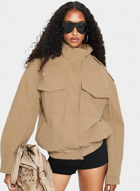 Double Life Mock Neck Cargo Jacket Beige sold by Princess Polly