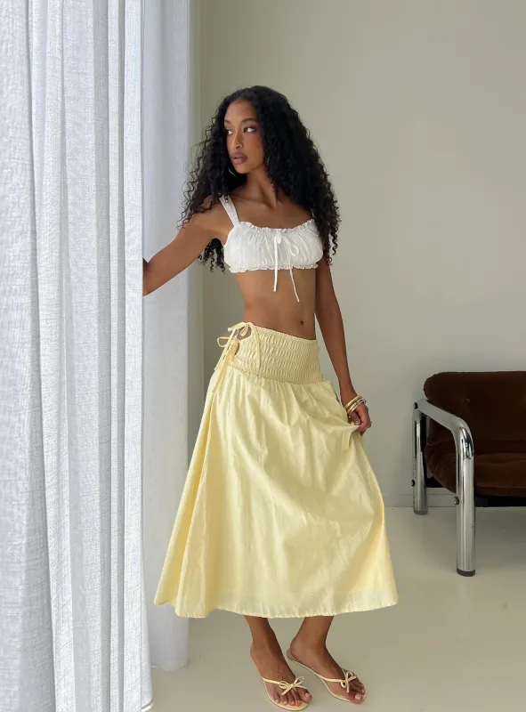 Vence Ruched Maxi Skirt Lemon Yellow sold by Princess Polly