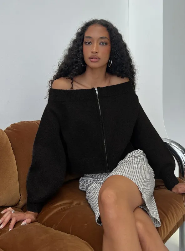 Ortensa Off Shoulder Zip Through Jumper Brown sold by Princess Polly