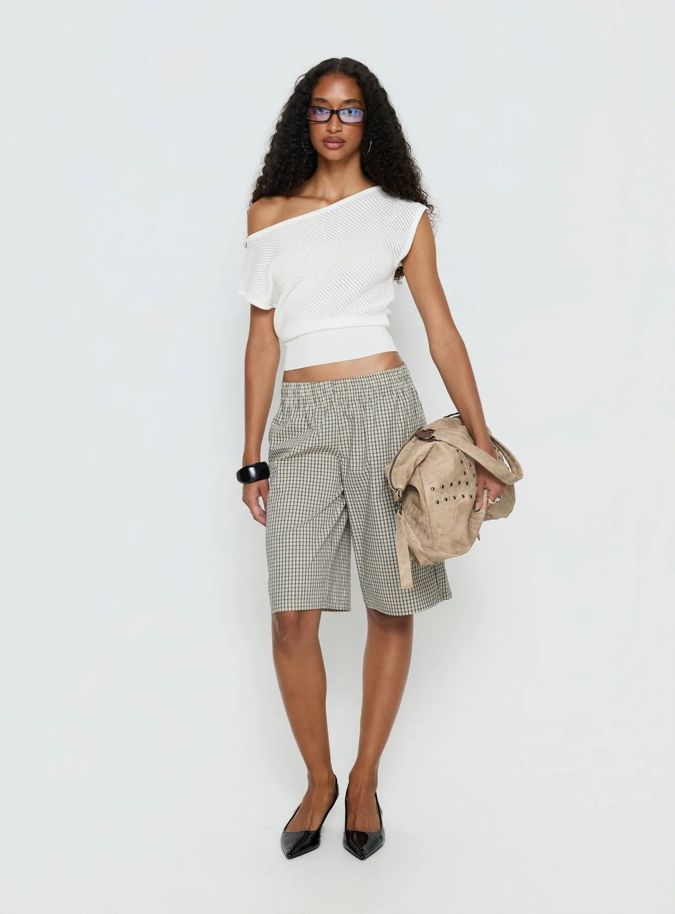 Sevigney Long Elasticated Shorts Cream Check sold by Princess Polly product image thumbnail 3