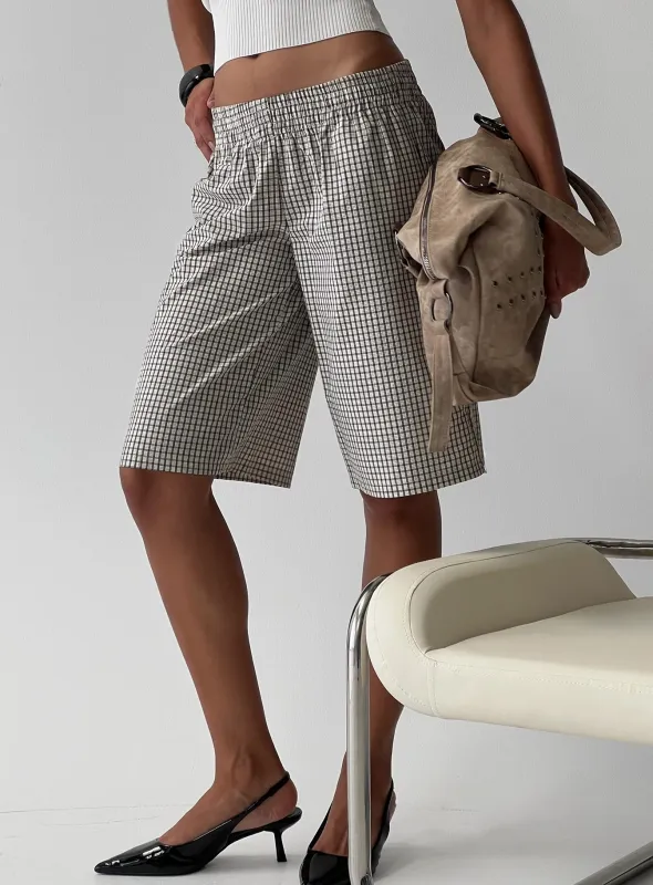 Sevigney Long Elasticated Shorts Cream Check sold by Princess Polly