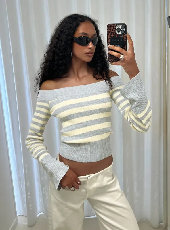 Perrey Long Sleeve Off Shoulder Top Knit Yellow / Grey Stripe sold by Princess Polly