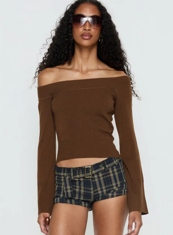Perrey Long Sleeve Off Shoulder Knit Top Brown sold by Princess Polly