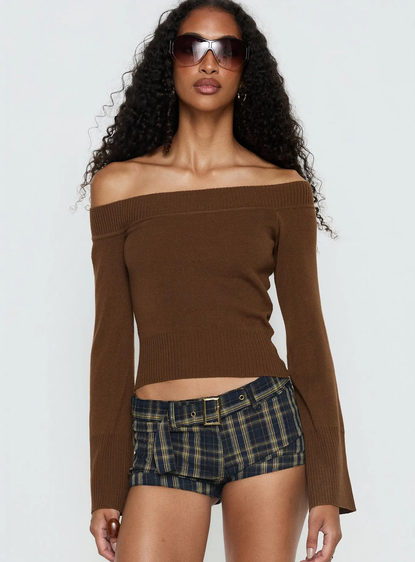 Perrey Long Sleeve Off Shoulder Knit Top Brown sold by Princess Polly