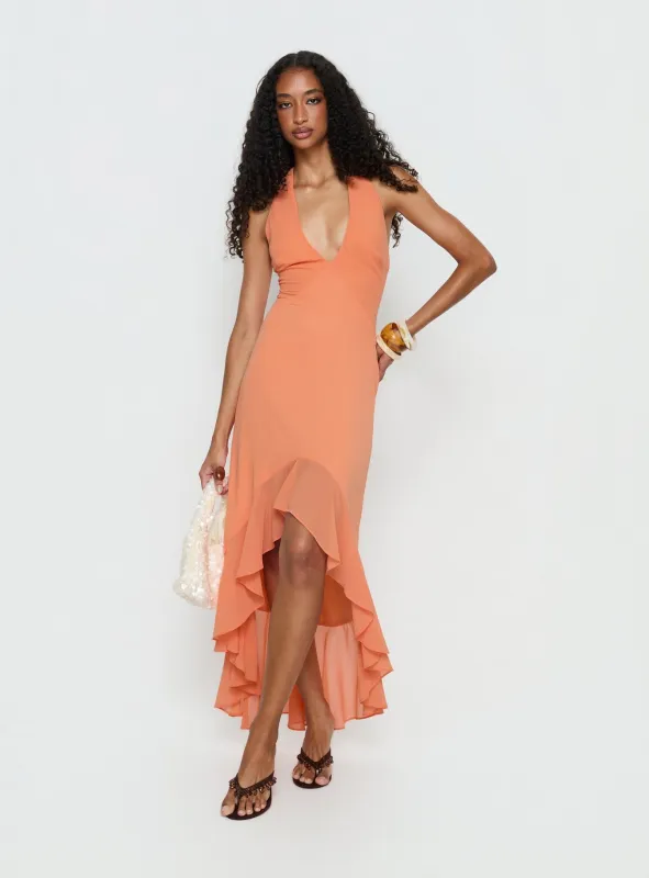 Agata Halter Frill Maxi Dress Orange sold by Princess Polly