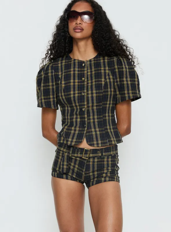 Afterglow Mini Short Navy / Lemon Plaid sold by Princess Polly