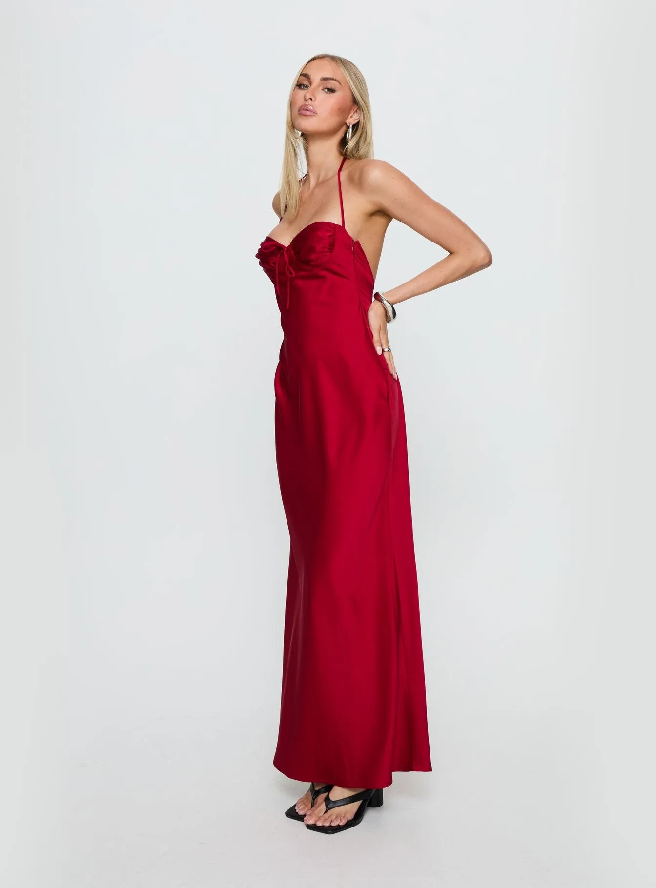 Costella Halter Satin Maxi Dress Red sold by Princess Polly product image thumbnail 4