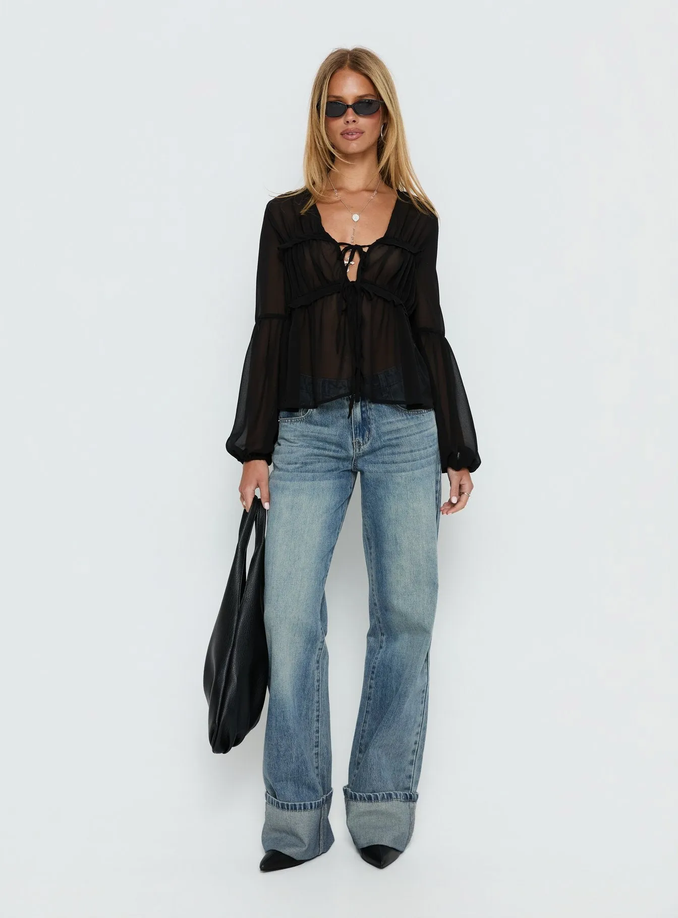 Palapa Tie Detail Sheer Long Sleeve Top Black sold by Princess Polly product image thumbnail 2