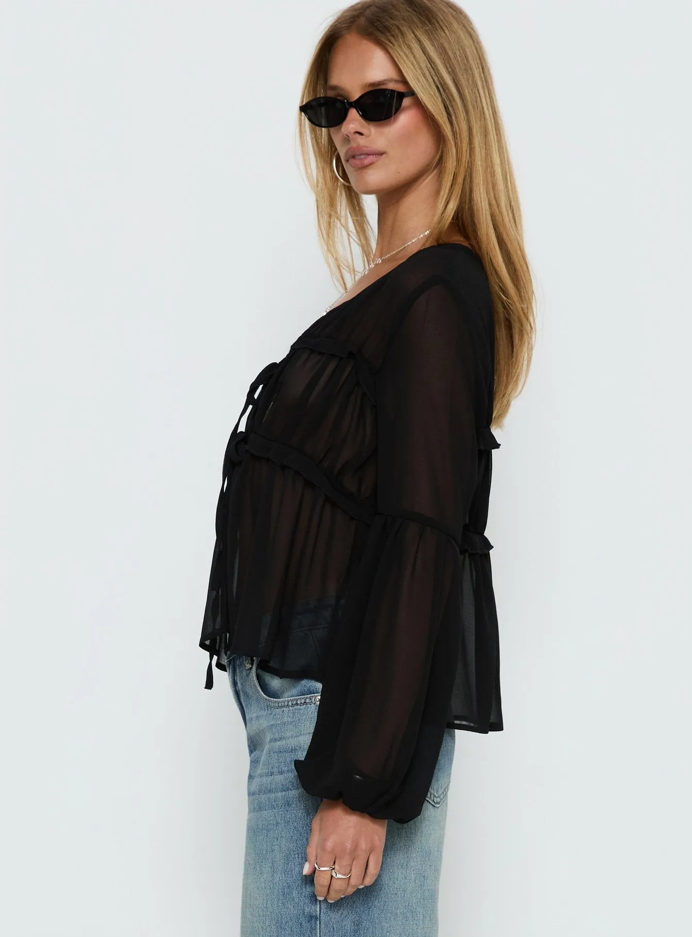 Palapa Tie Detail Sheer Long Sleeve Top Black sold by Princess Polly product image thumbnail 3